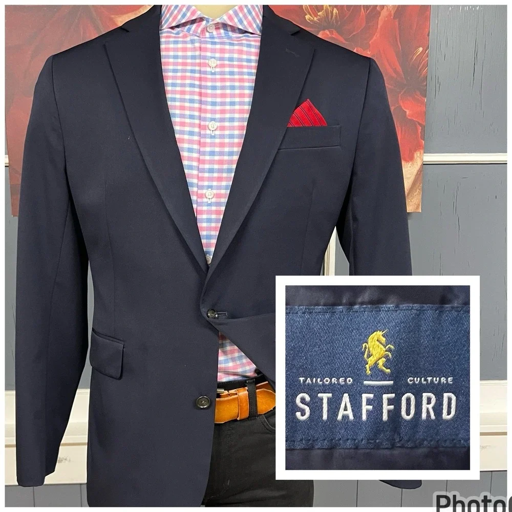 Stafford Blazer Jacket Sport Coat Mens 44R‎ Polyester Blend Stretch Dark Navy
